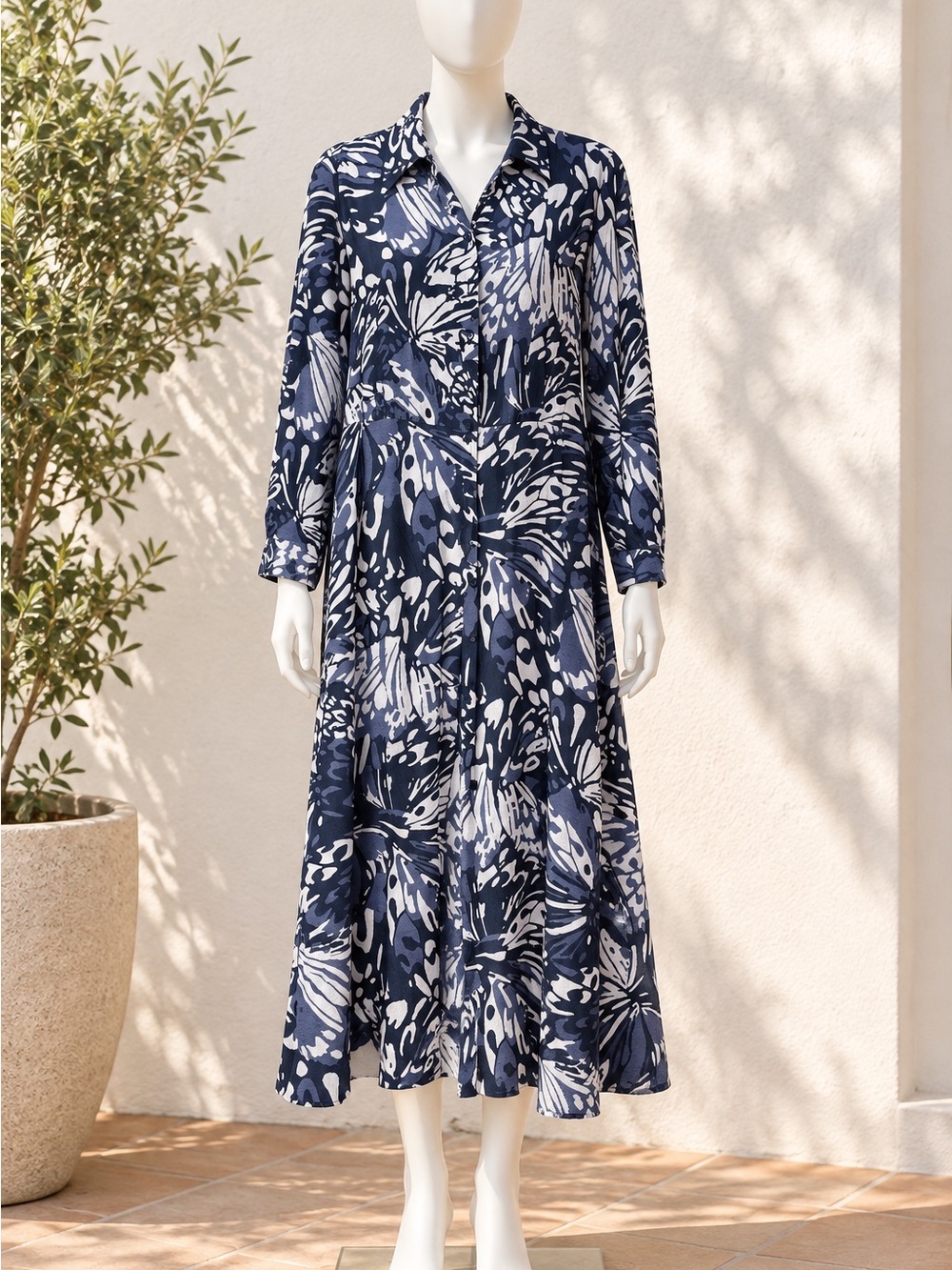 Attitudes by Renee Navy and White Printed Maxi Shirt Dress
